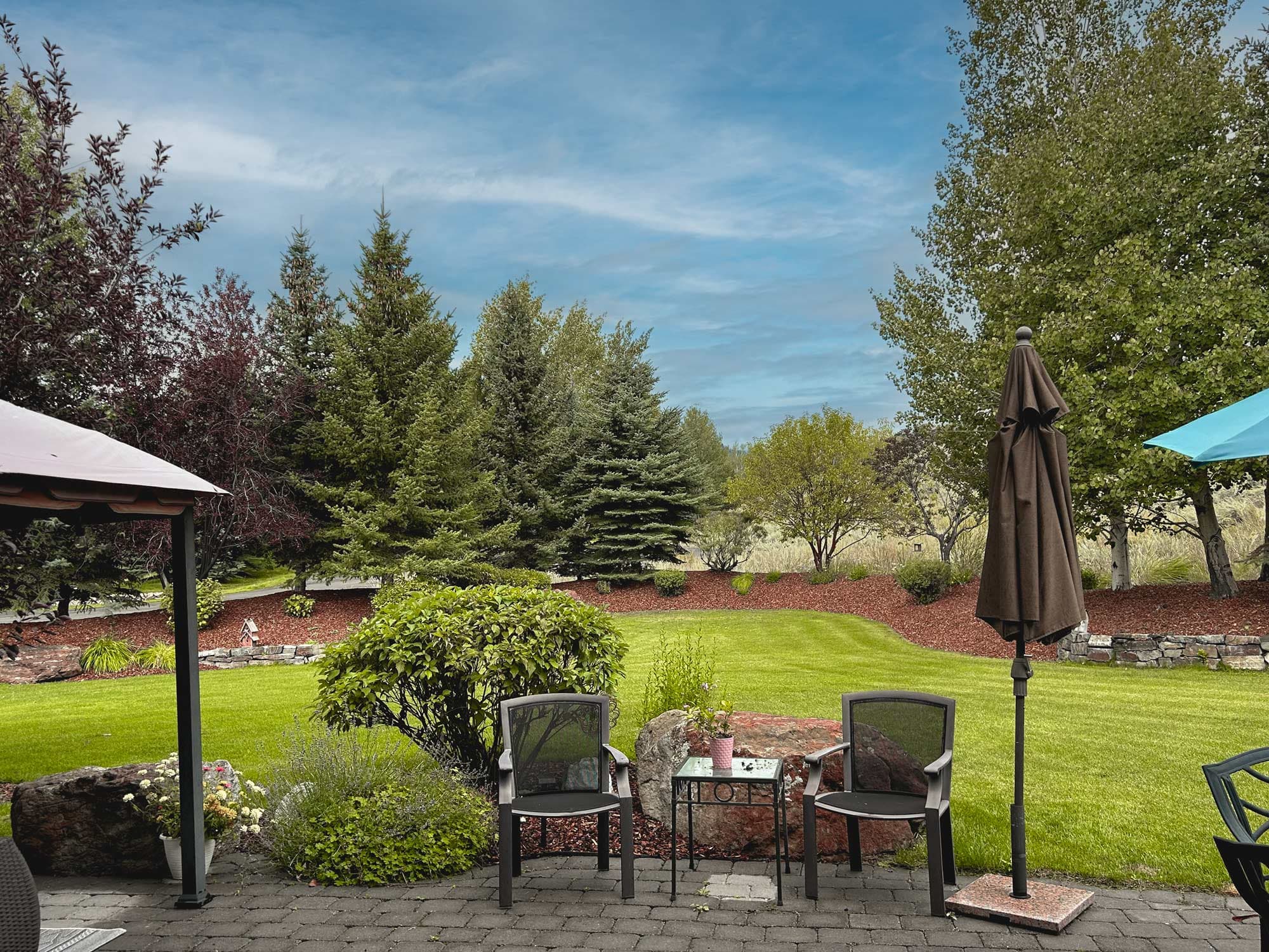 The private backyard is surrounded by mature landscaping and offers tranquil views of the surrounding landscape